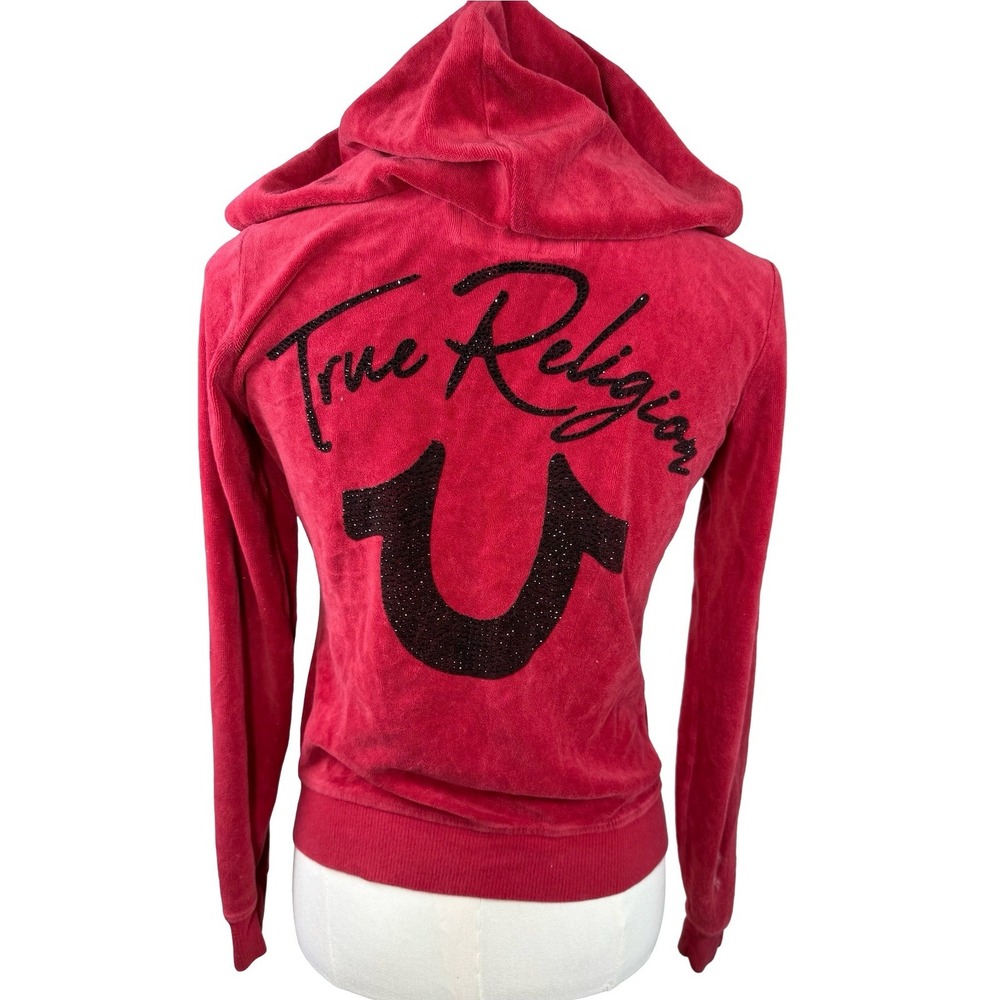True Religion Womens Red Velour Rhinestone Logo Zip Up Hoodie XS Mcbling Y2K